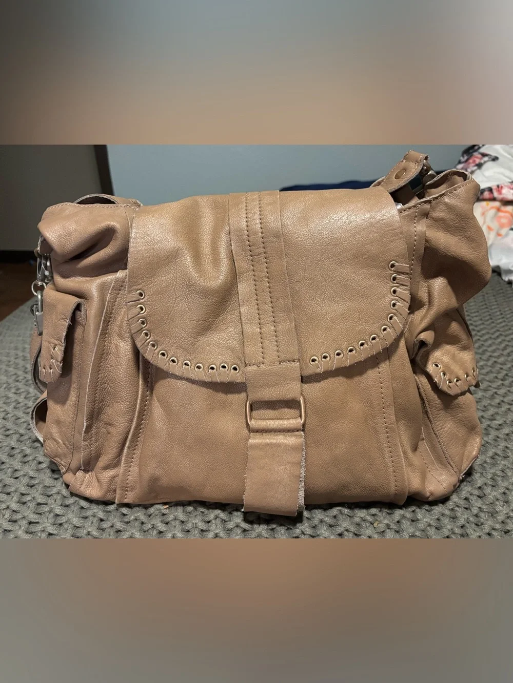 NWT Free People We The Free Leigh Distressed Leather Hobo Bag Beige